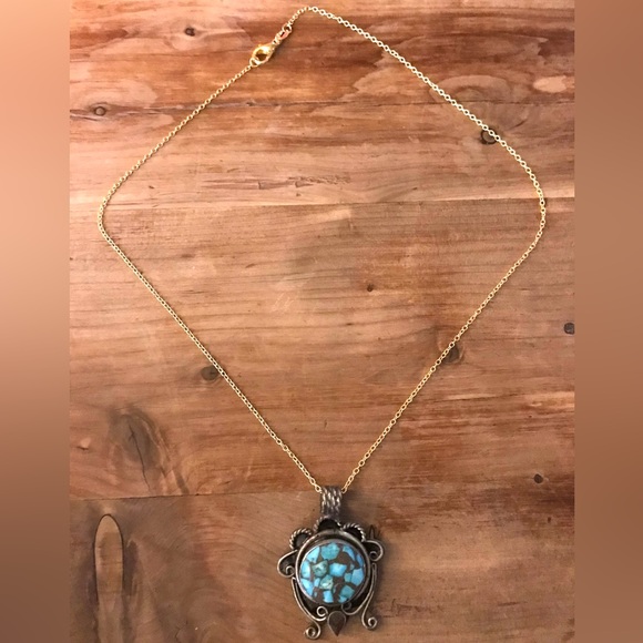 Tibetan Turquoise Marble Shatter Ethnic Ornate Southwest Native American Pendant - Picture 9 of 9